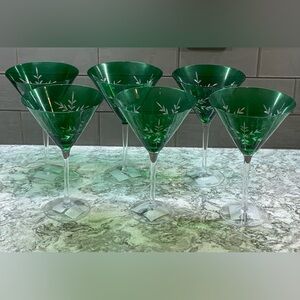 Green Etched Snowflake Martini Glasses